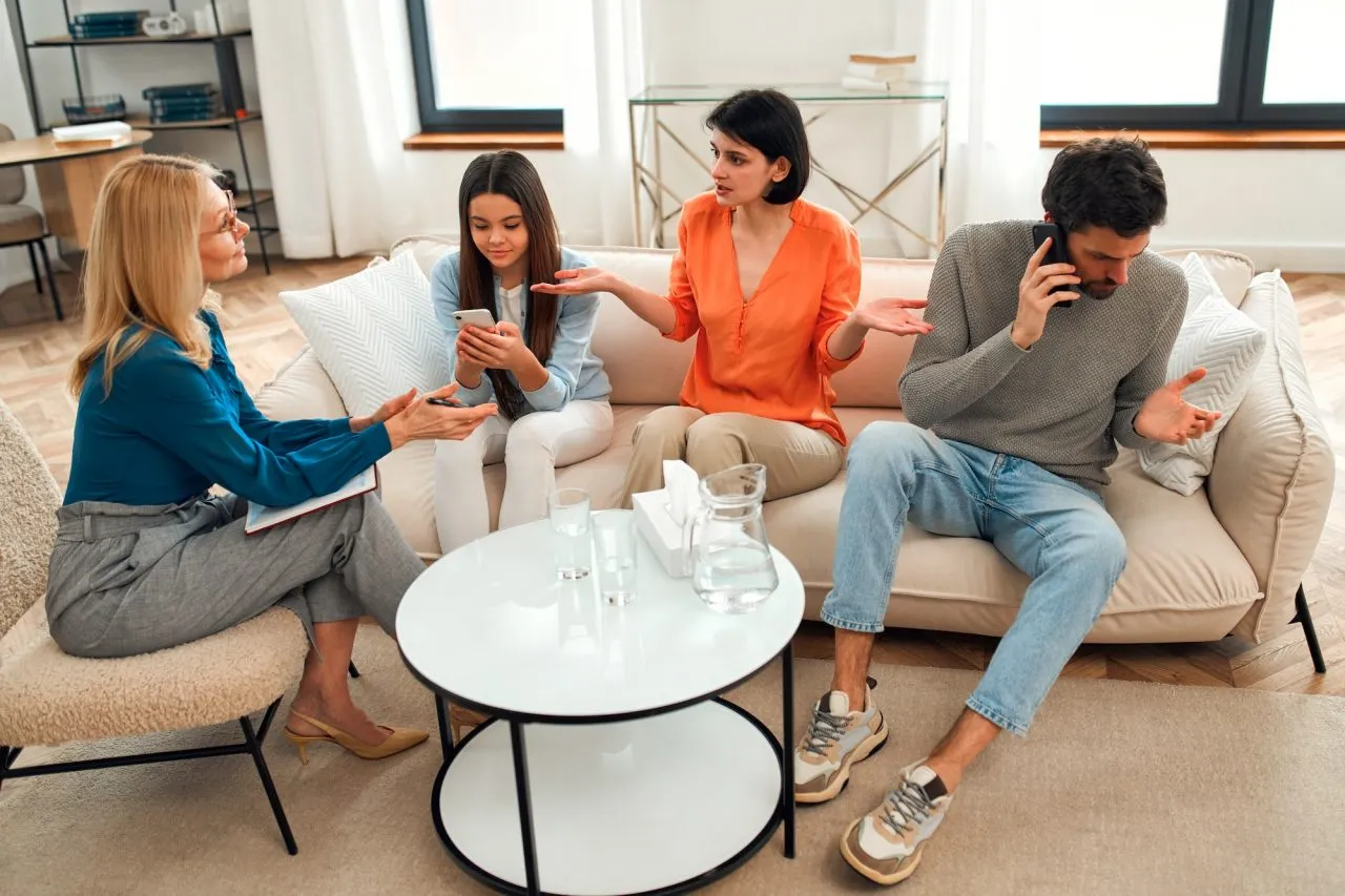 Therapy conversation in a calm office