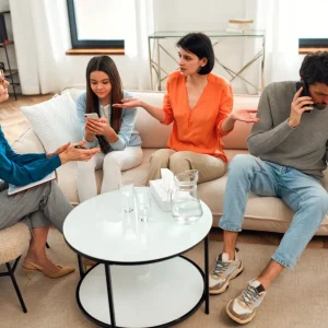 Therapy conversation in a calm office